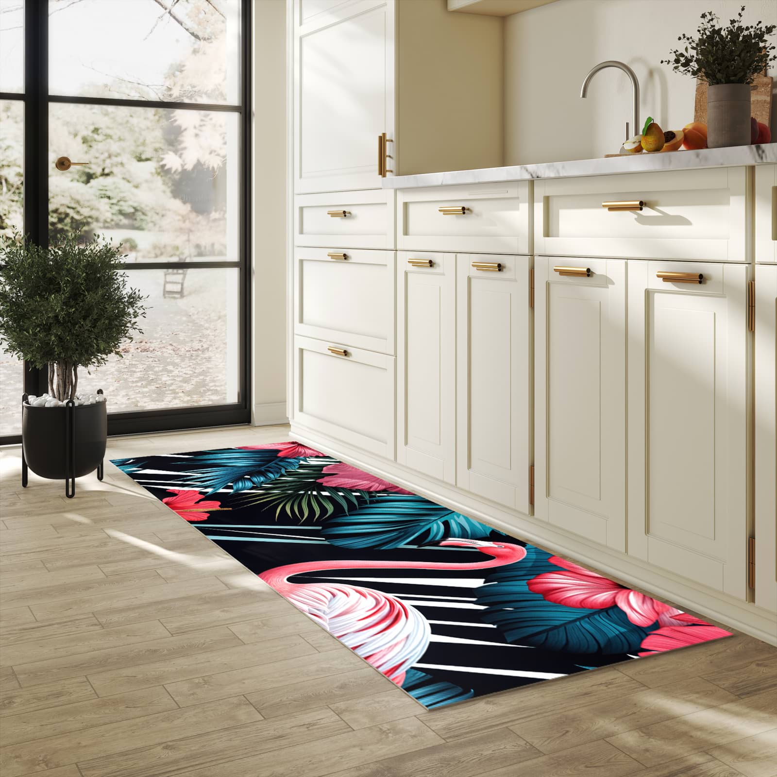 Abriebfester Küchenteppich mit Motiv Flamingo Paradise in heller Küche