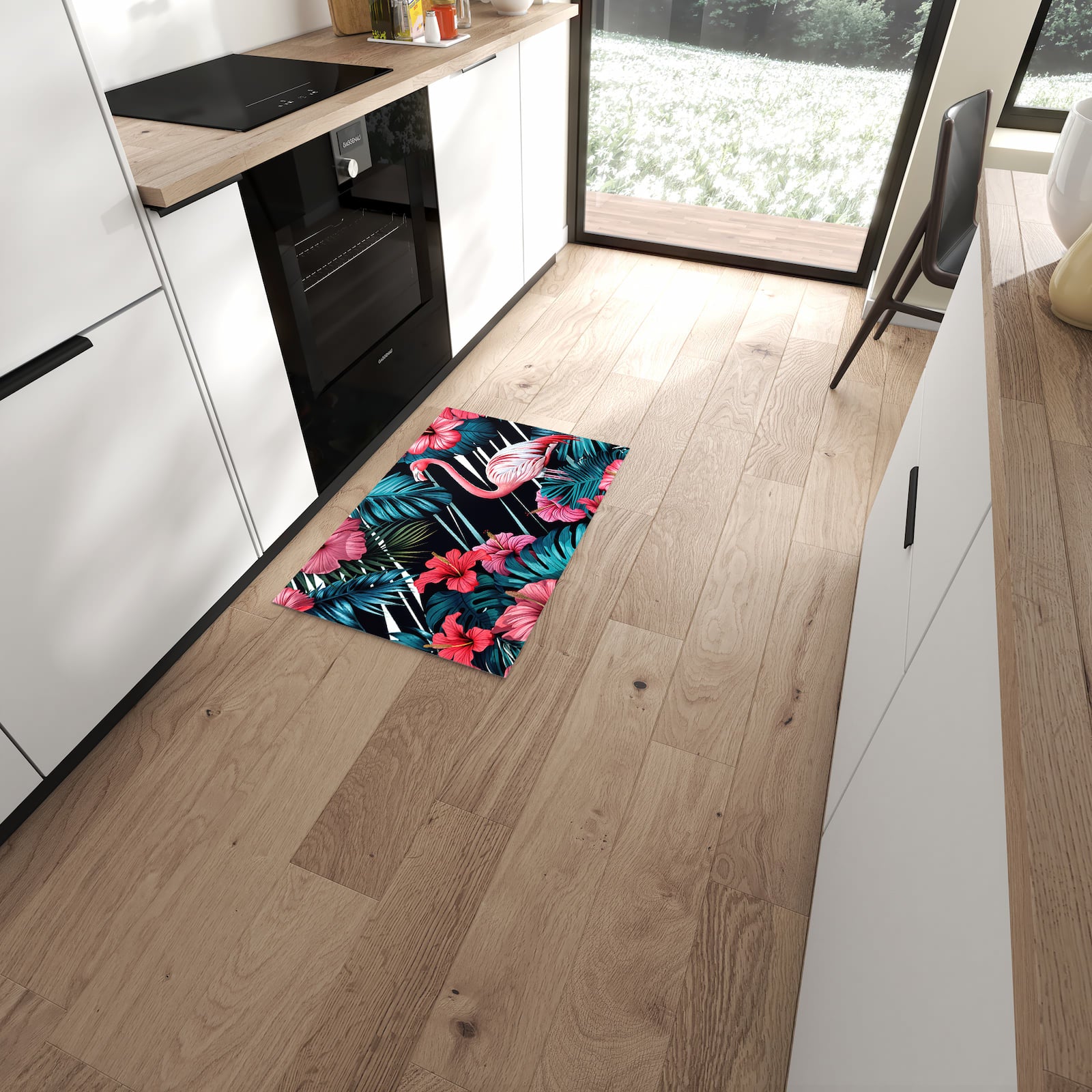 Komfortabler Küchenteppich mit Motiv Flamingo Paradise in moderner Küche