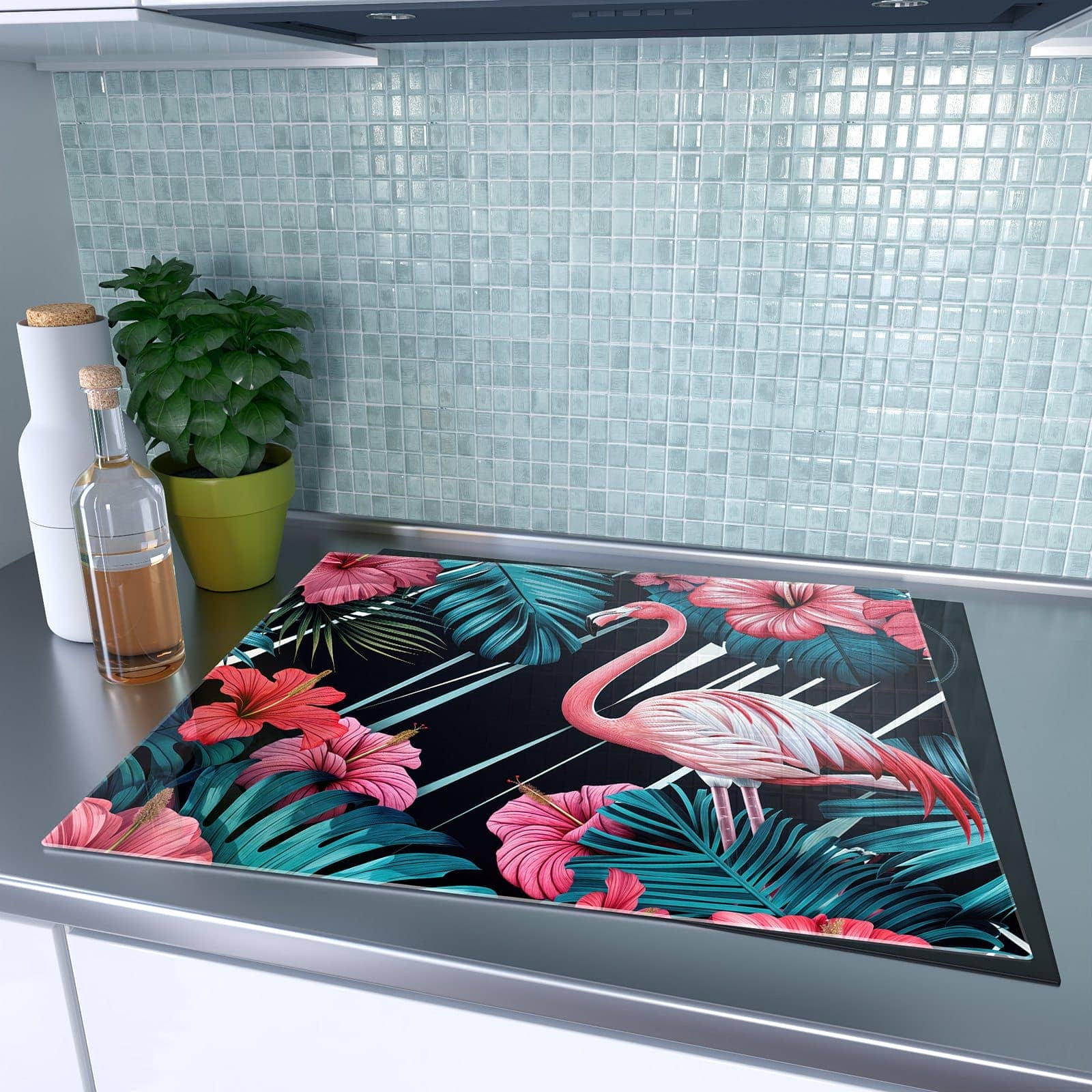 1-teilige Herdabdeckung mit Flamingo Paradise-Motiv auf dem Ceranfeld