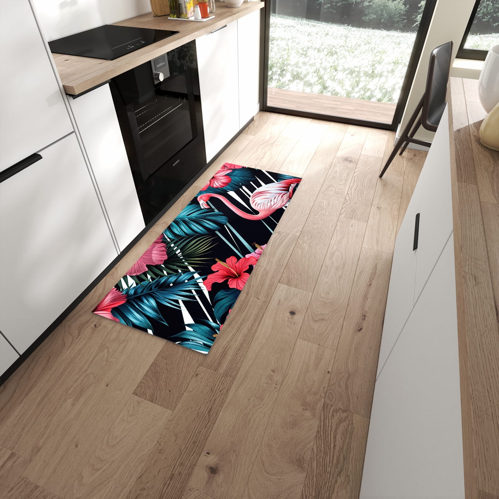 Waschbarer Küchenläufer mit Motiv Flamingo Paradise in moderner Küche für sichere Aufbewahrung #grösse_60 x 150 cm