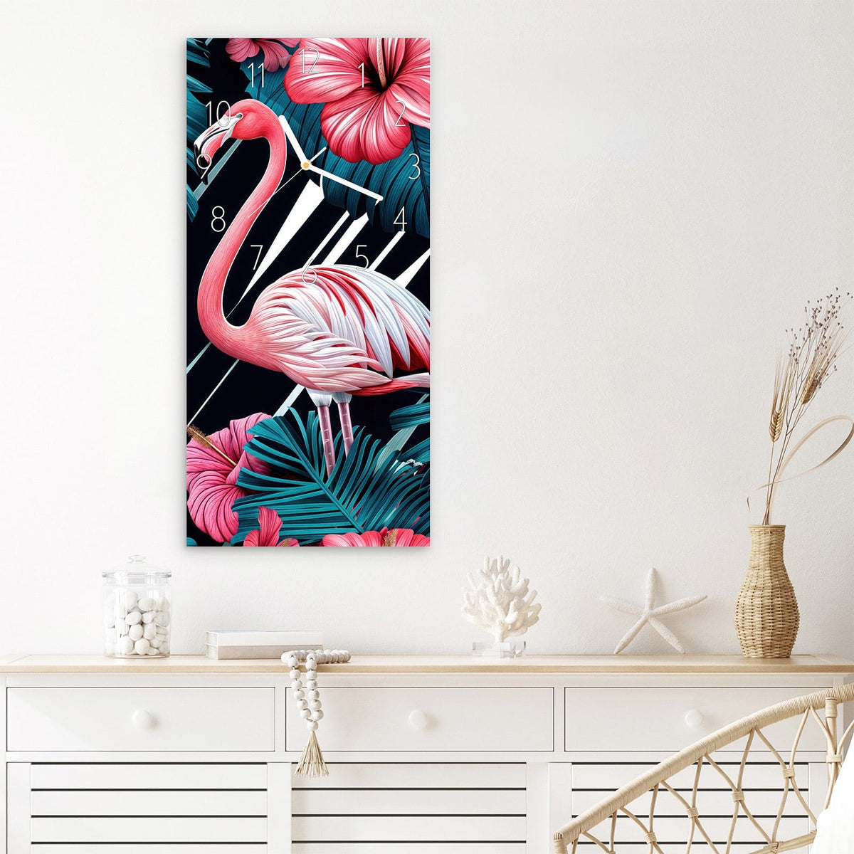 Wanduhr Flamingo Paradise aus Glas – Flamingo zwischen Hibiskusblüten