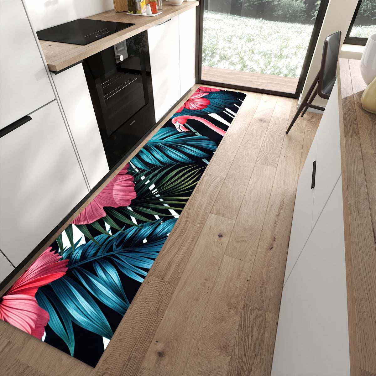 13 Größen – von 60 × 90 bis 80 × 300 cm – Küchenläufer - Flamingo auf Schwarz