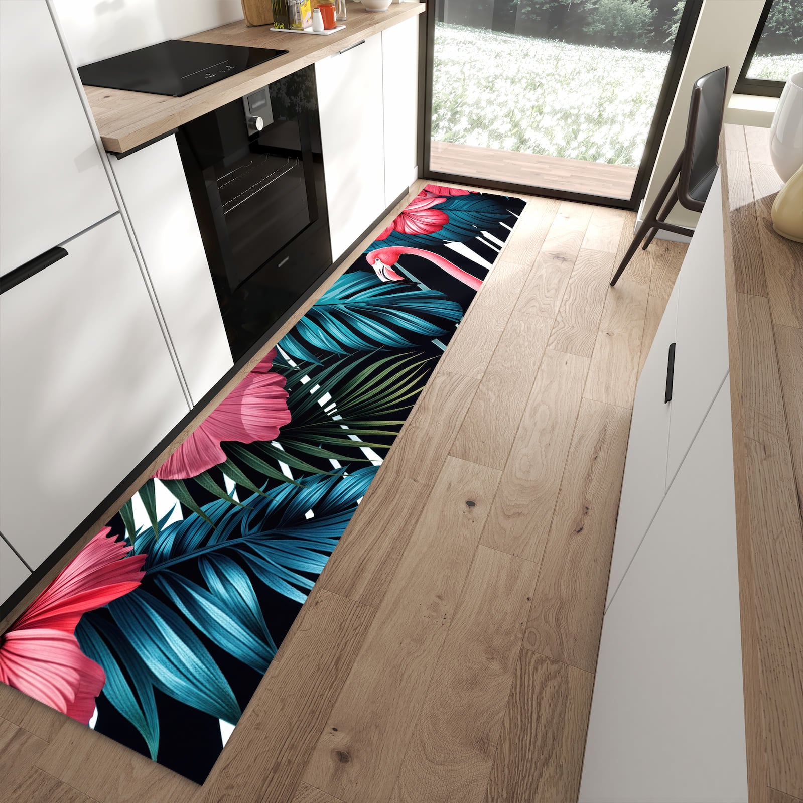 UV-beständiger Küchenteppich mit Motiv Flamingo Paradise in moderner Küche