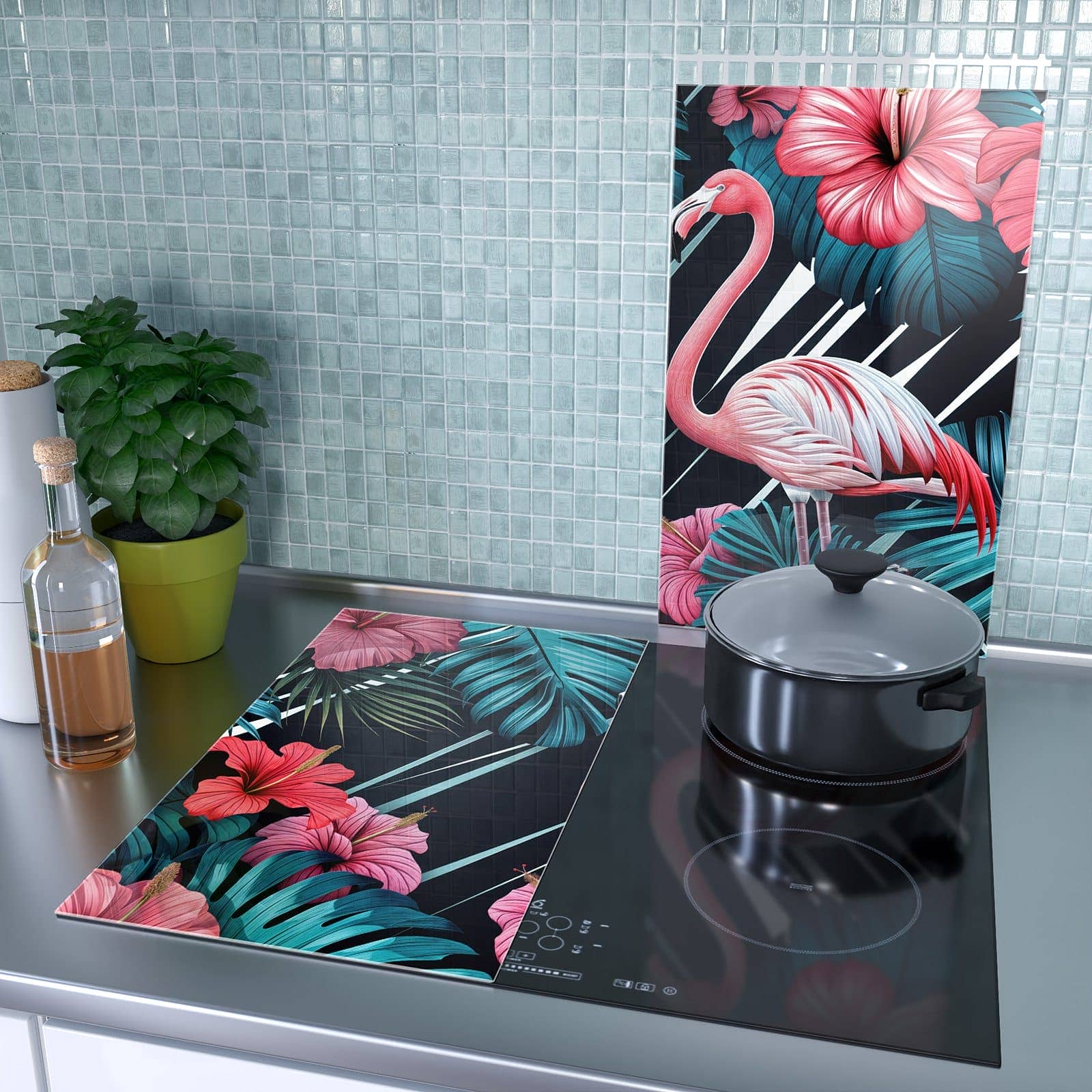 2-teilige Abdeckplatten für Ceranfeld mit Flamingo Paradise-Motiv als Spritzschutz hinter dem Kochfeld