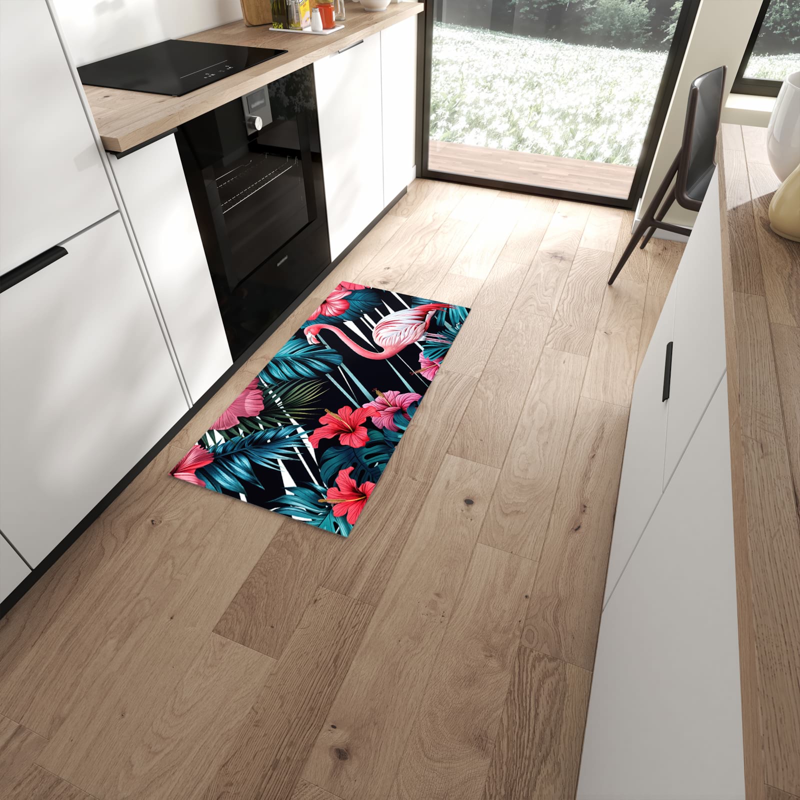 Formstabiler Küchenläufer nach Maß mit Motiv Flamingo Paradise in moderner Küche #grösse_60 x 120 cm