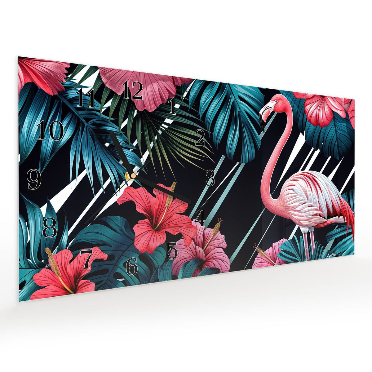 Vormontiert – mit Schwebeeffekt – Wanduhr Flamingo Paradise aus Glas – Querformat 60 × 30 cm