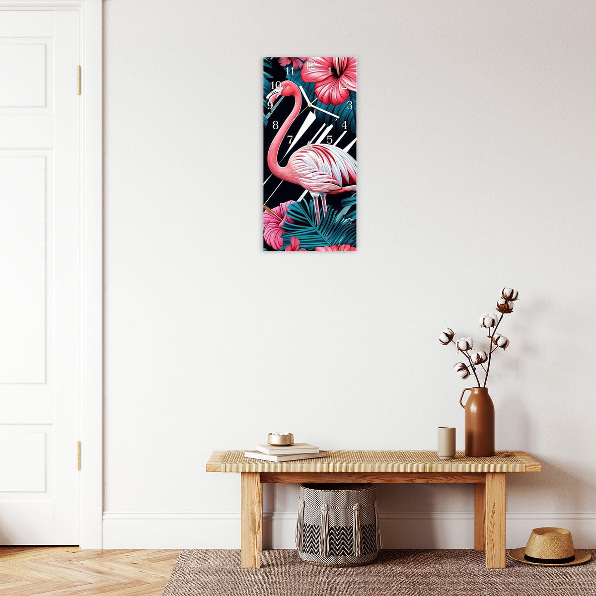 Moderne Wanduhr aus Glas mit Farbtiefe – Wanduhr Flamingo Paradise aus Glas – Hochformat 30 × 60 cm