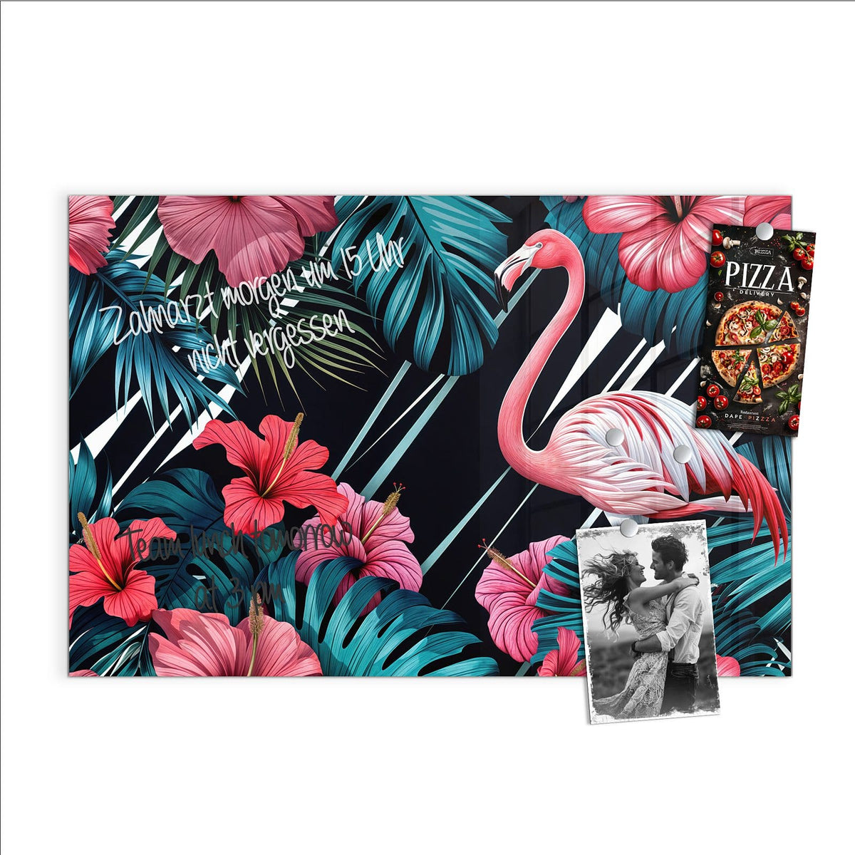 Beschreiben, abwischen, anheften – Magnettafel - Flamingo auf Schwarz