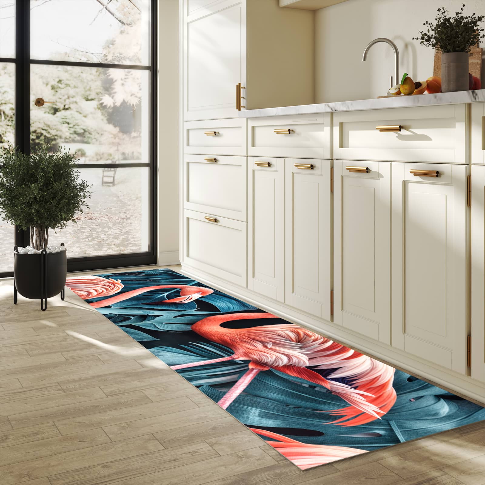 Langlebiger Bodenläufer mit Motiv Flamingos und Blumen in heller Küche
