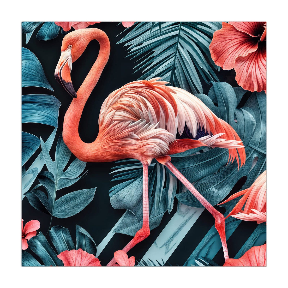 Ein einzelner Flamingo zwischen blaugrünen Monstera- und Palmblättern mit roten Hibiskusblüten