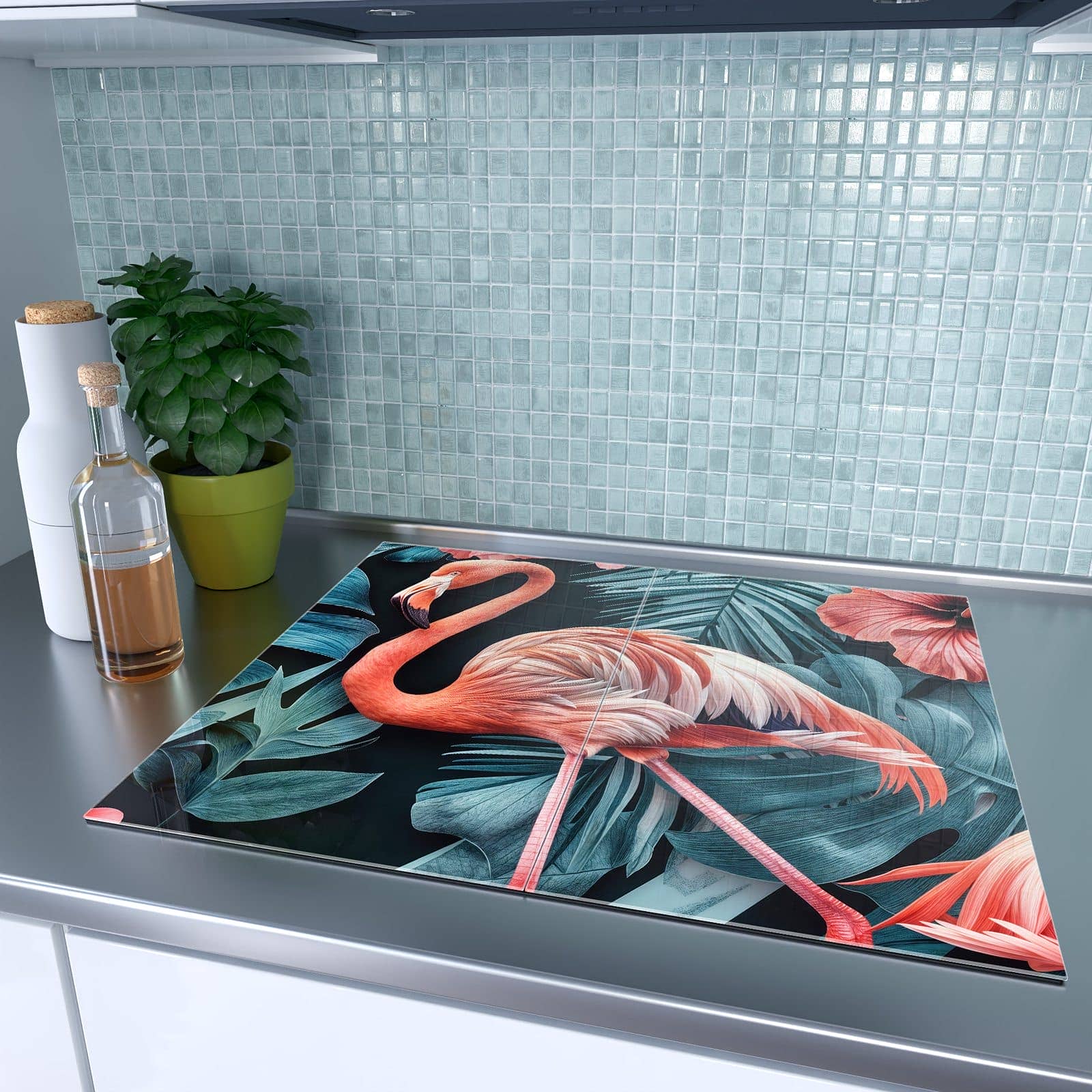 2-teilige Herdabdeckplatten aus Glas mit Flamingos und Blumen-Motiv auf dem Ceranfeld