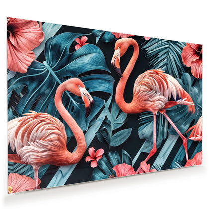 Wandbild mit dem Motiv Flamingo und Hibiskus