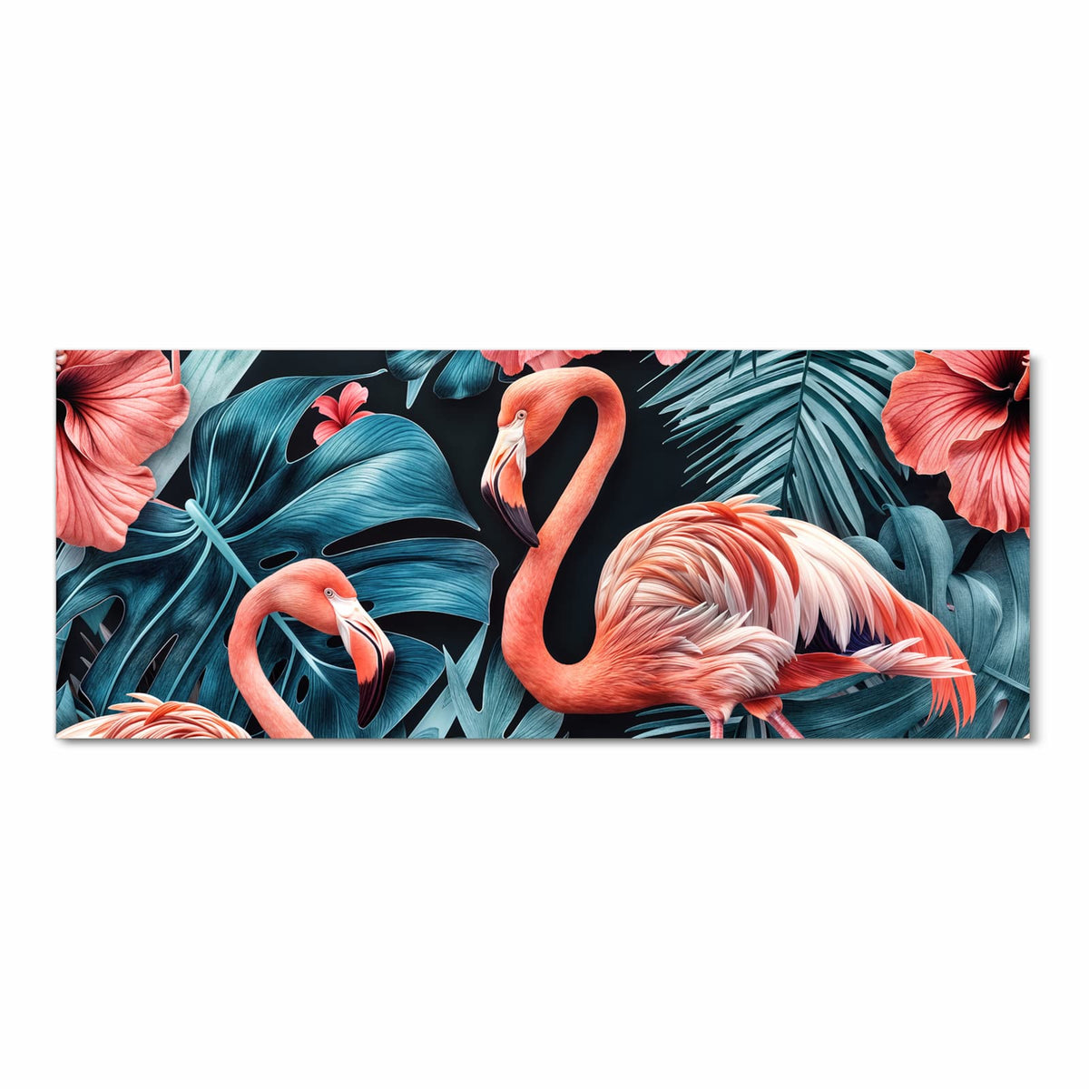 Ein einzelner Flamingo zwischen blaugrünen Monstera- und Palmblättern mit roten Hibiskusblüten
