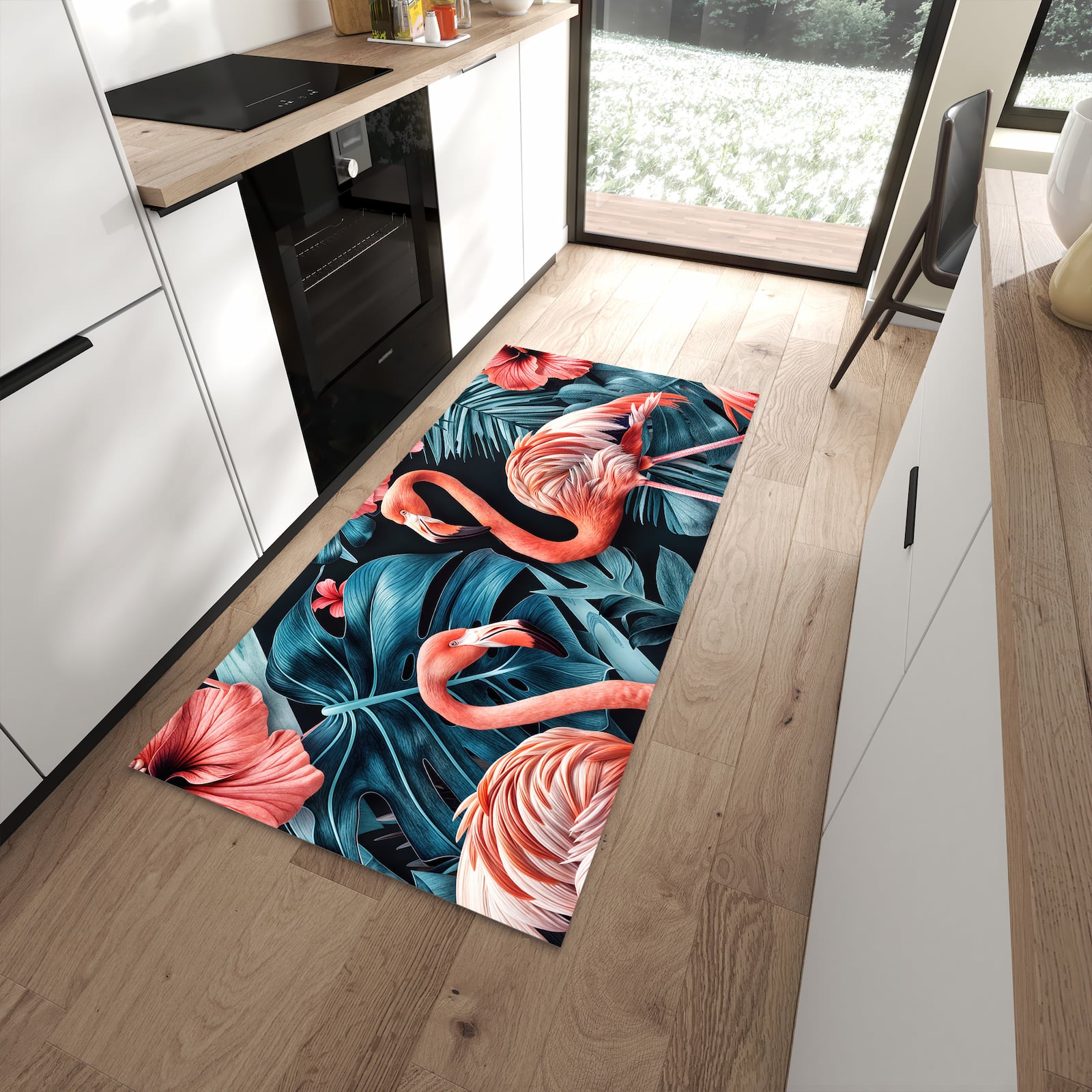 Bodenschonender rutschfester Küchenläufer mit Motiv Flamingos und Blumen in moderner Küche