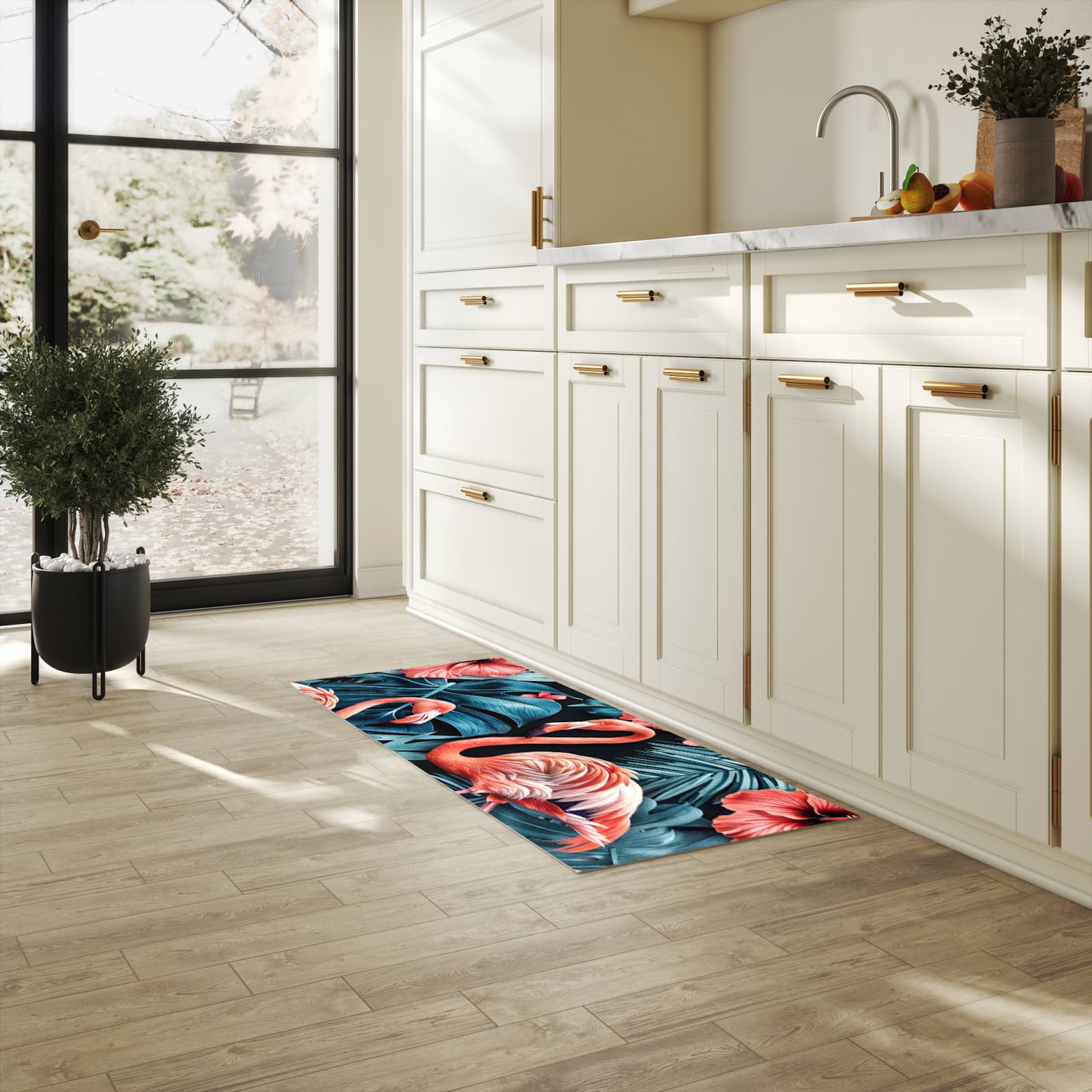 Flacher Küchenläufer mit Motiv Flamingos und Blumen in heller Küche für lange Teppiche