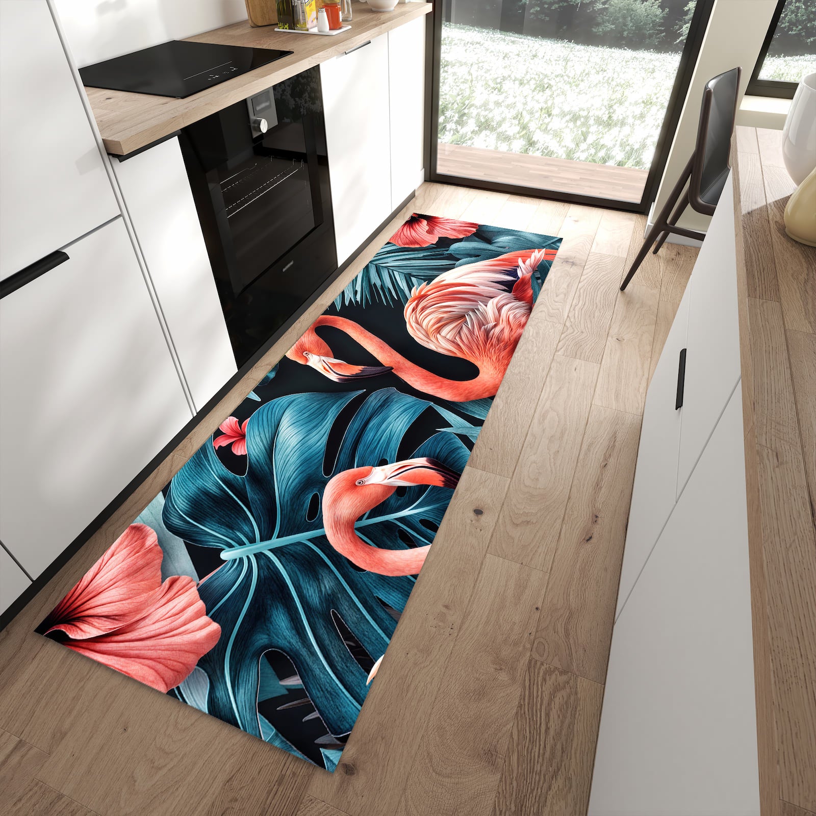 Feuchtigkeitsresistenter rutschfester Küchenläufer mit Motiv Flamingos und Blumen in moderner Küche