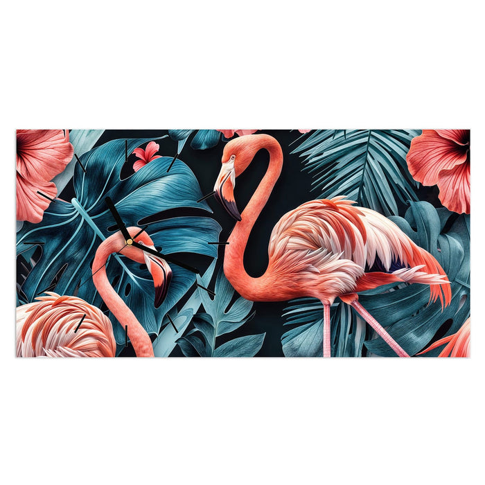 Wanduhr Flamingos und Blumen aus Glas – Querformat 60 × 30 cm mit Ziffernblatt Linie