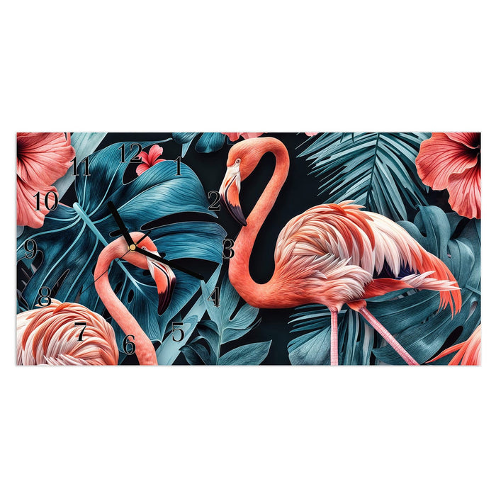 Wanduhr Flamingos und Blumen aus Glas – Querformat 60 × 30 cm mit Ziffernblatt Klassisch