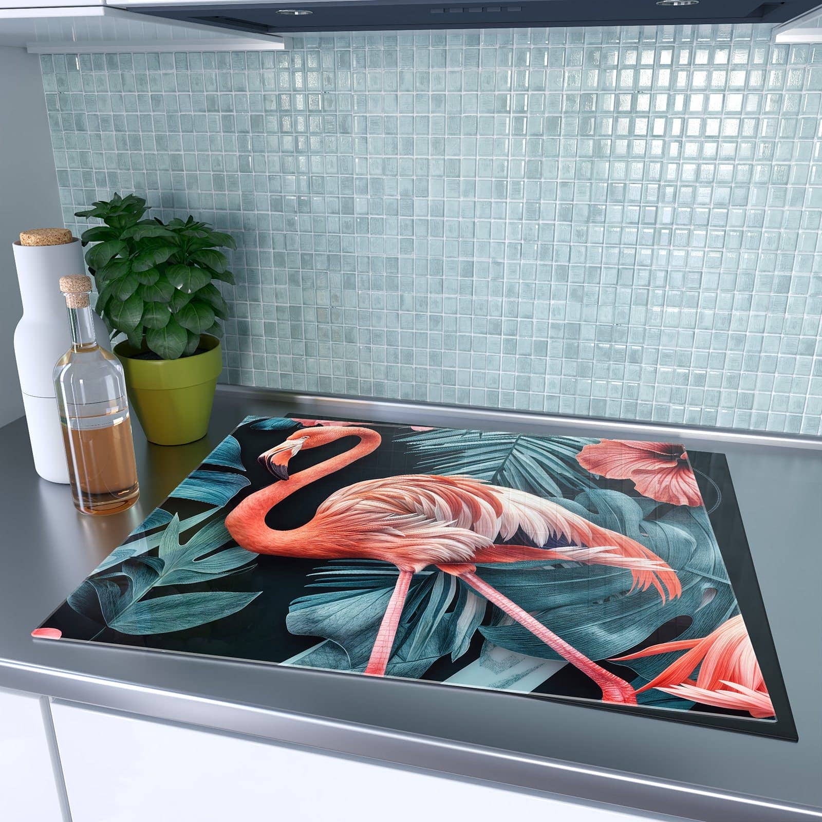 1-teilige Herdabdeckplatten für Ceranfeld mit Flamingos und Blumen-Motiv auf dem Ceranfeld