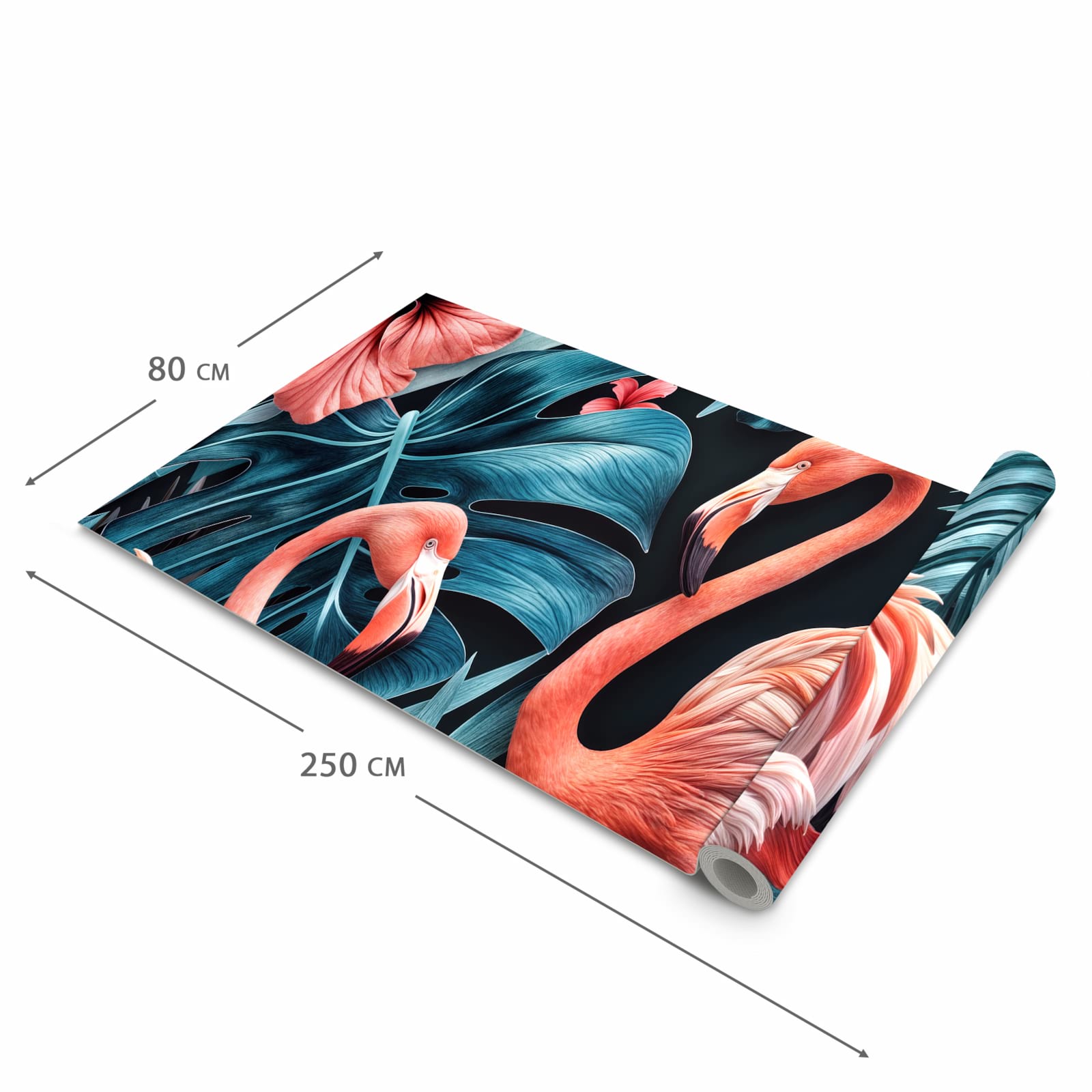 Bodenschonender Teppich fürs Esszimmer mit Motiv Flamingos und Blumen in der Größe 60x240 cm
