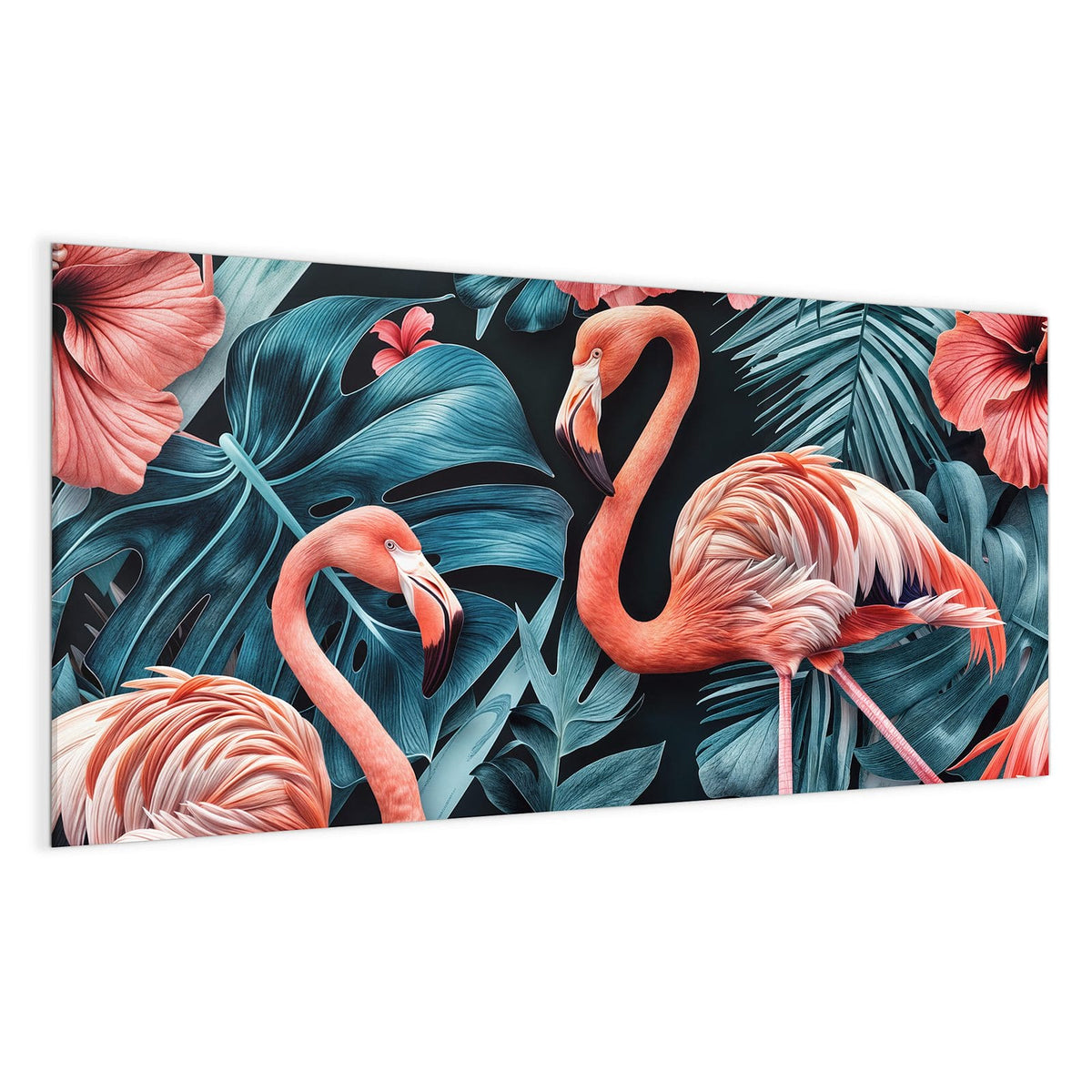 Ein einzelner Flamingo zwischen blaugrünen Monstera- und Palmblättern mit roten Hibiskusblüten