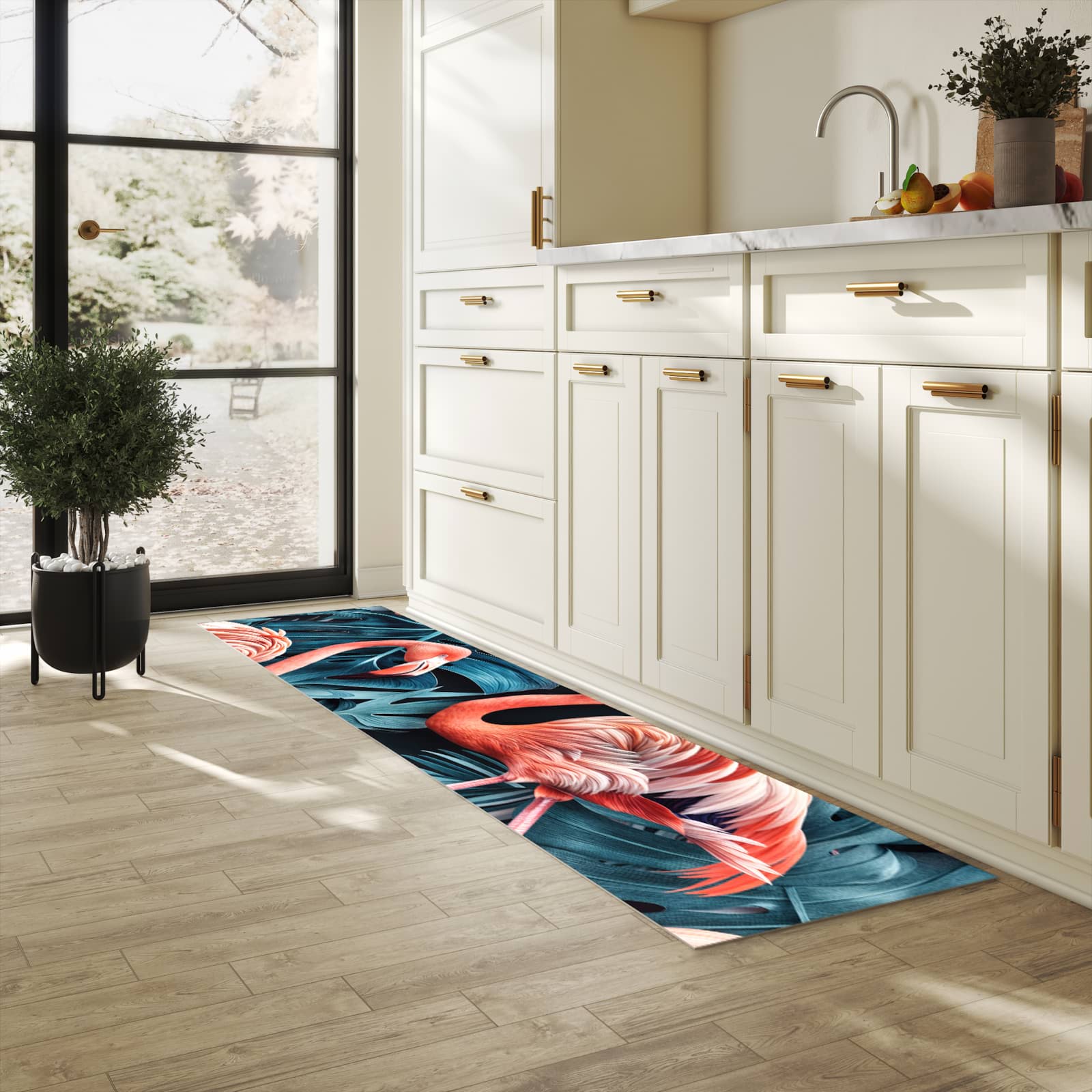 Rutschhemmender dünner Teppich mit Motiv Flamingos und Blumen in heller Küche