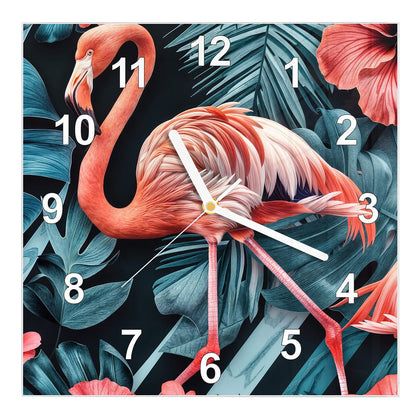 Wanduhr Quadratisch mit dem Motiv Flamingo und Hibiskus