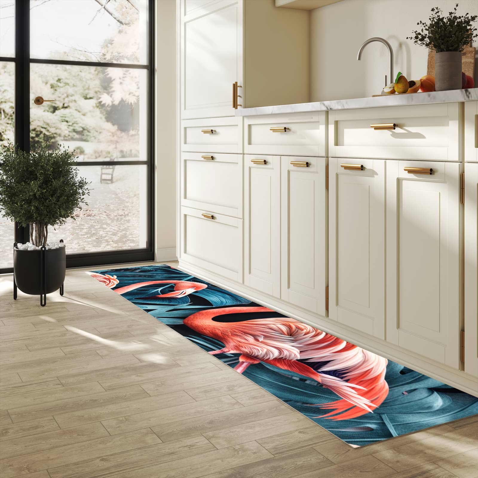 Rutschfester Küchenteppich mit Motiv Flamingos und Blumen in heller Küche, einfach zu reinigen