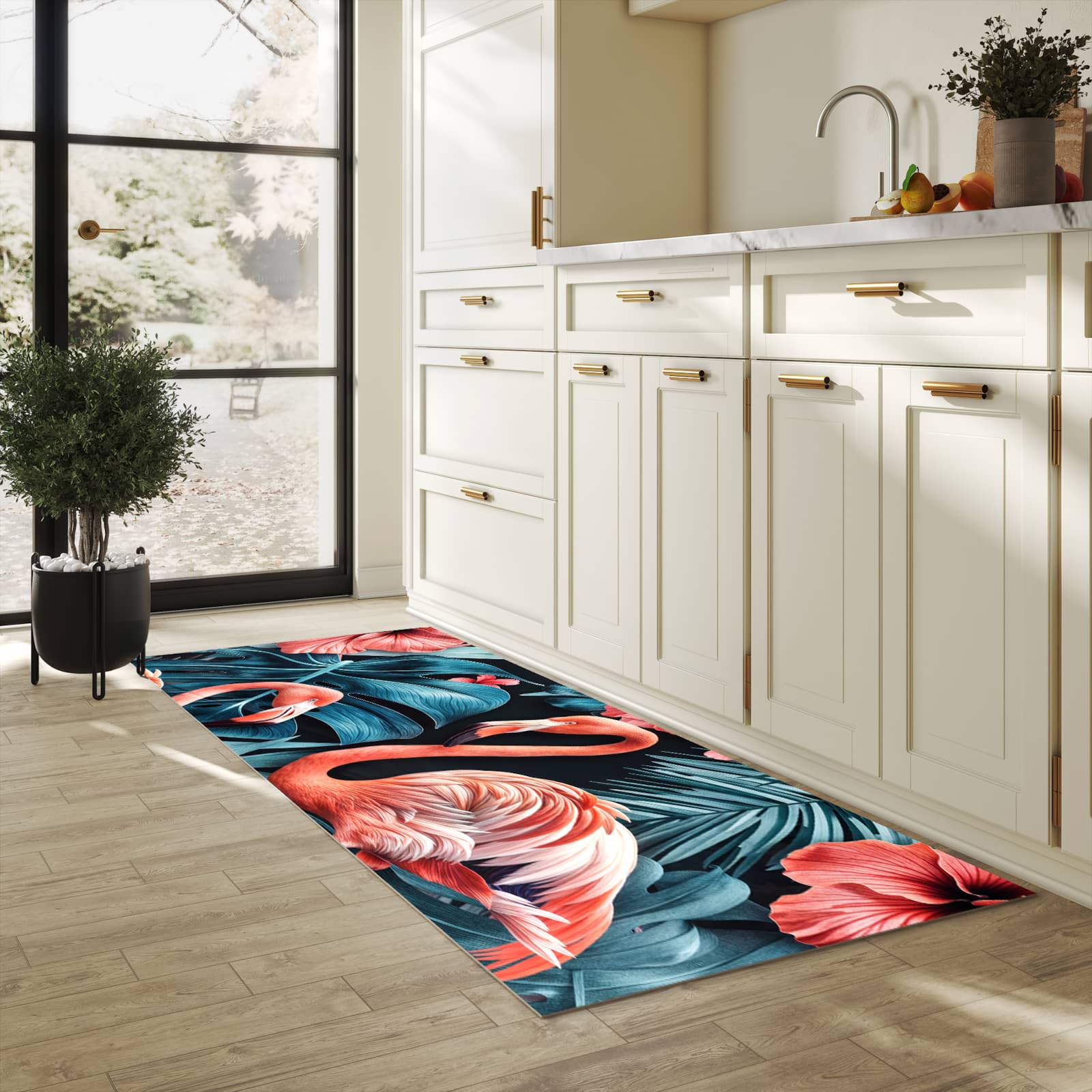 Feuchtigkeitsresistenter Küchenteppich mit Motiv Flamingos und Blumen in heller Küche