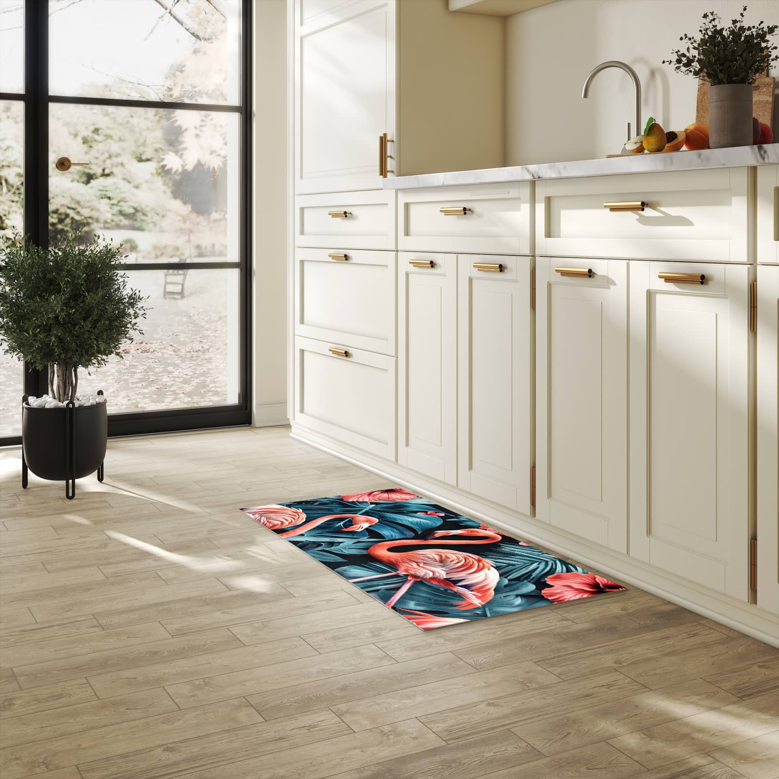 Langlebiger waschbarer Küchenläufer mit Motiv Flamingos und Blumen in heller Küche