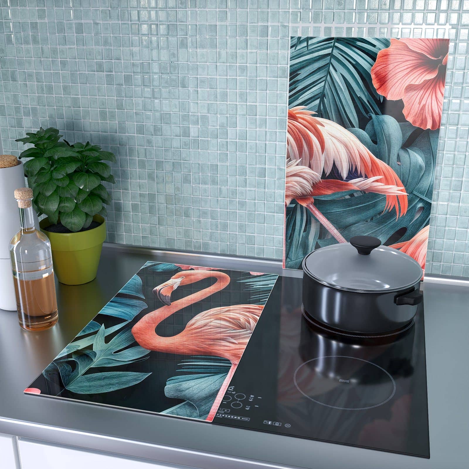2-teilige Abdeckung für Herdplatte mit Flamingos und Blumen-Motiv als Spritzschutz hinter dem Kochfeld