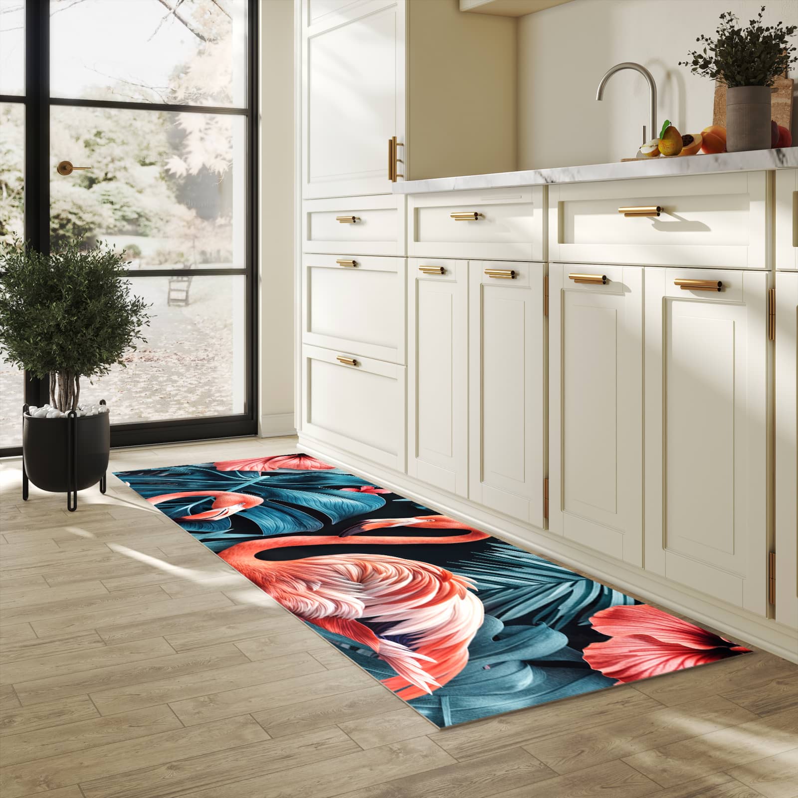 Strapazierfähiger Teppich für Esstisch mit Motiv Flamingos und Blumen in heller Küche