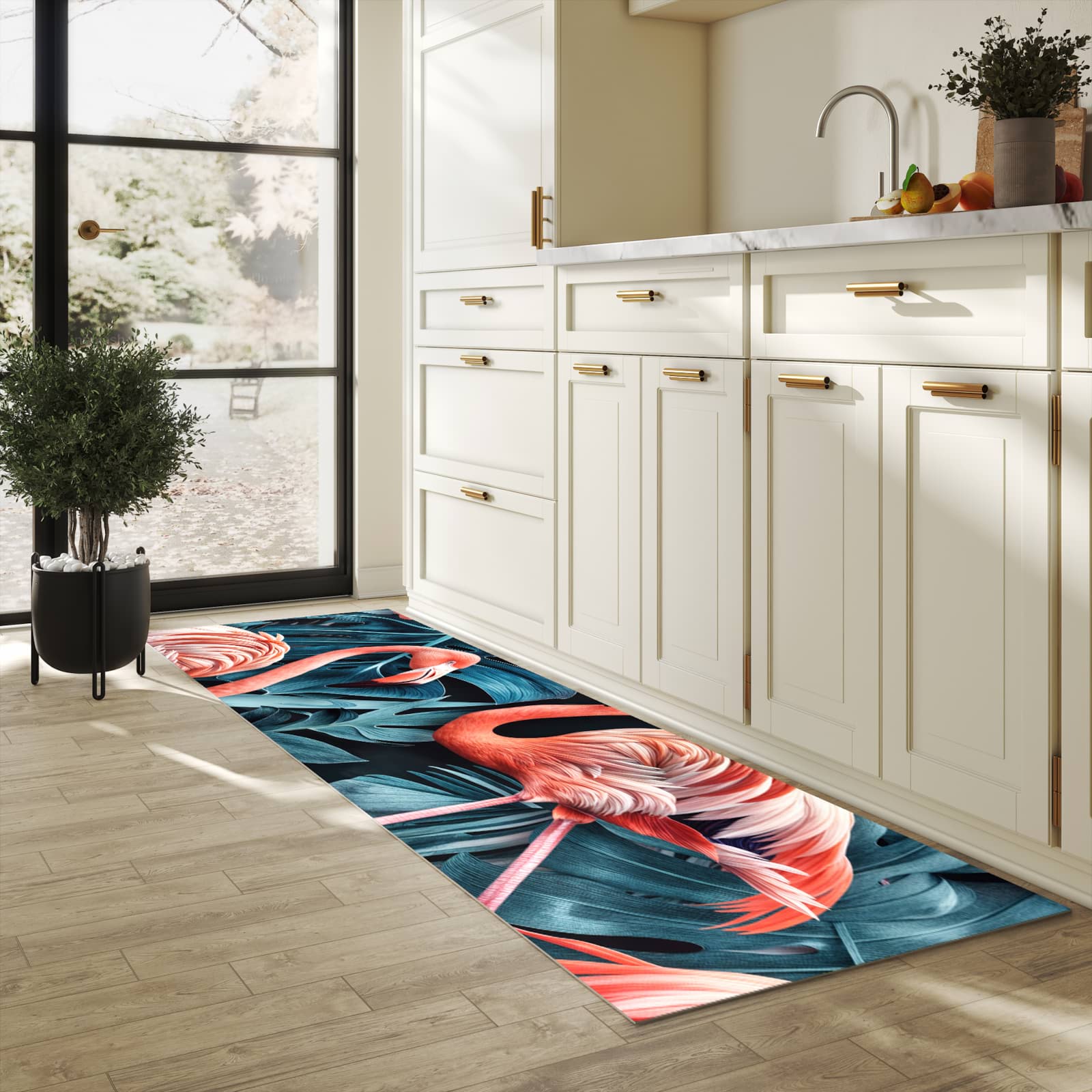 Waschbarer rutschfester Küchenteppich mit Motiv Flamingos und Blumen in heller Küche