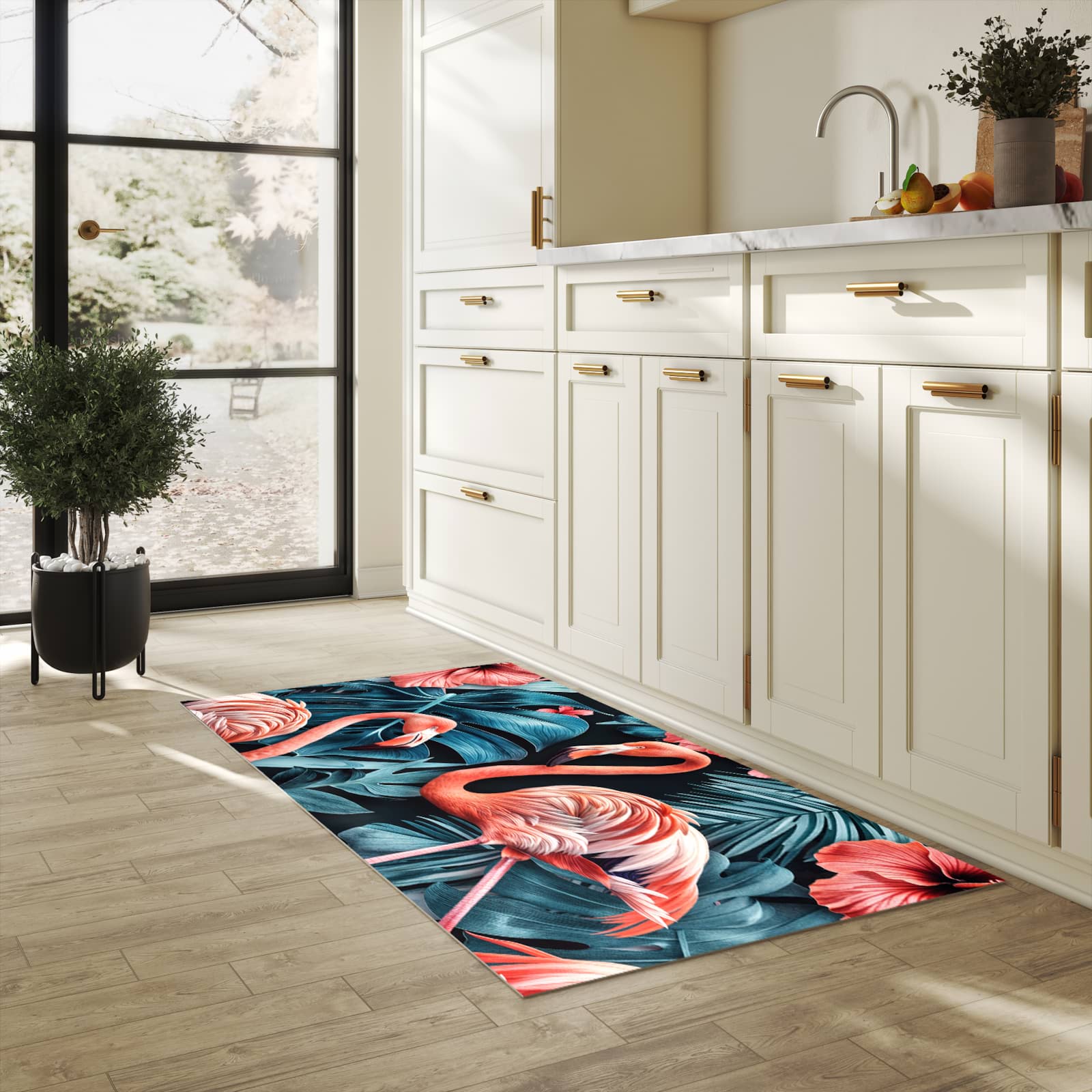 Rutschfester Bodenläufer-Teppich mit Motiv Flamingos und Blumen in heller Küche