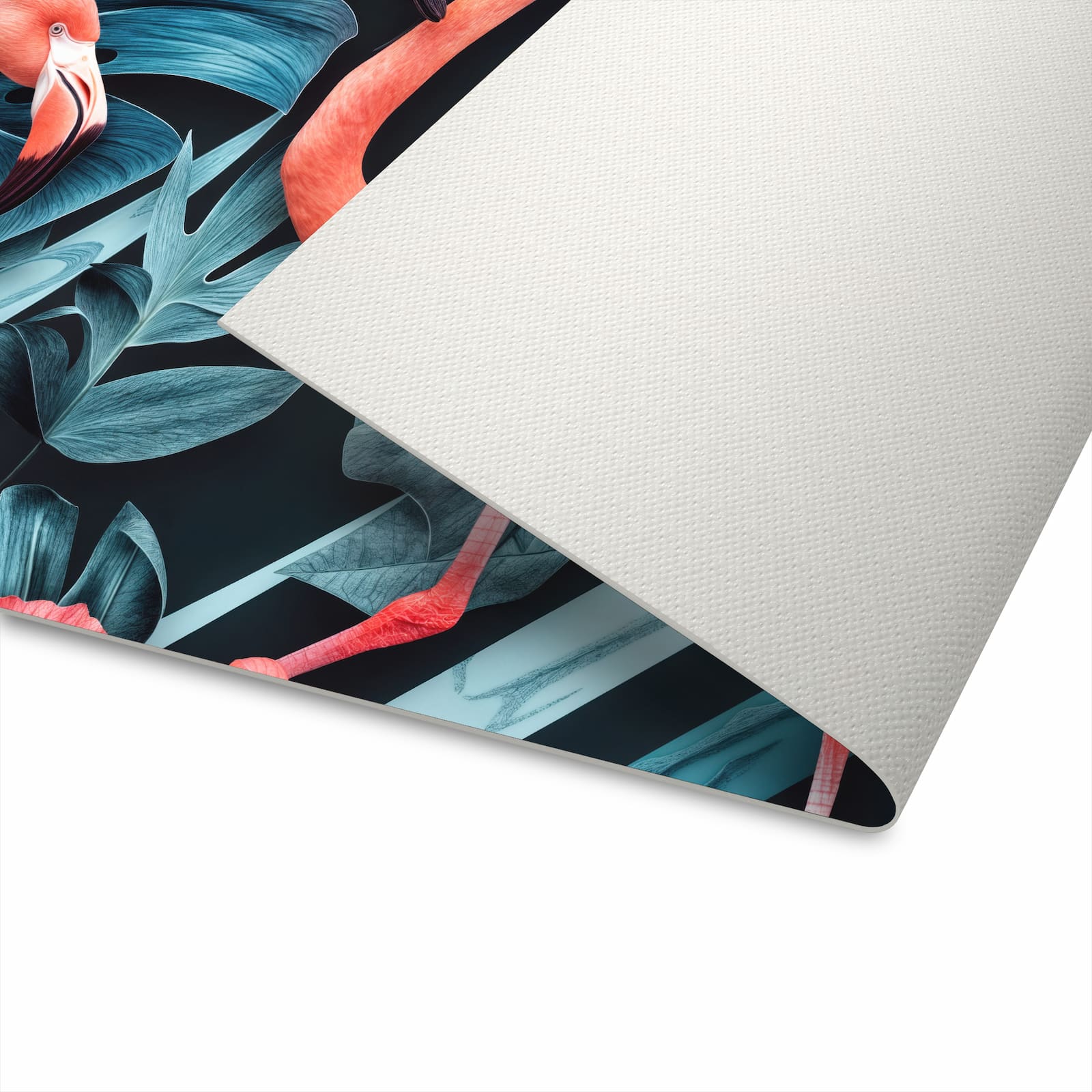 Fleckenresistenter Bodenläufer Teppich mit Motiv Flamingos und Blumen in der Unterseite