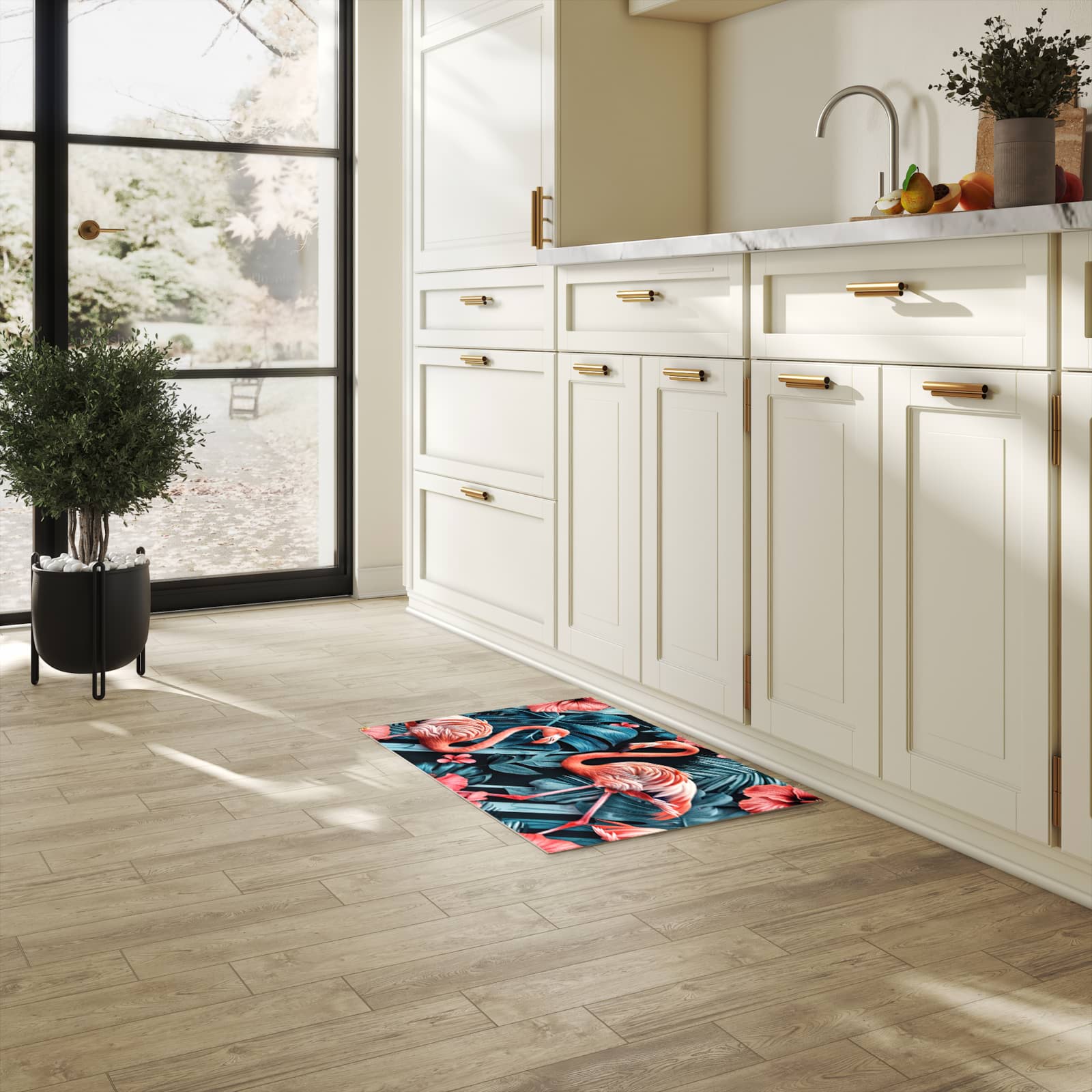 Dünner waschbarer Küchenteppich mit Motiv Flamingos und Blumen für angenehme Haptik in heller Küche