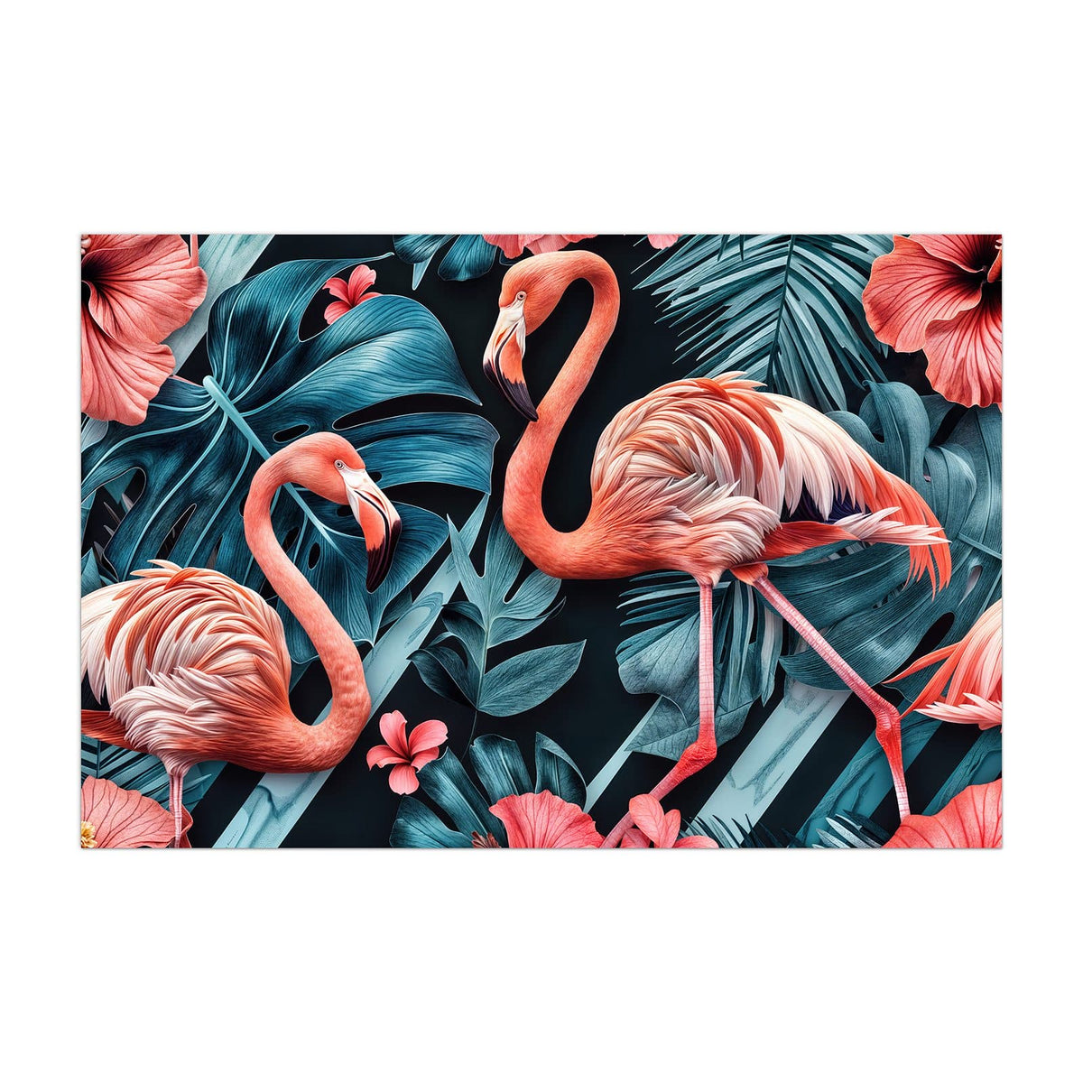Küchenrückwand aus Glas Flamingo und Hibiskus im Hochformat, Motiv bildfüllend von vorn