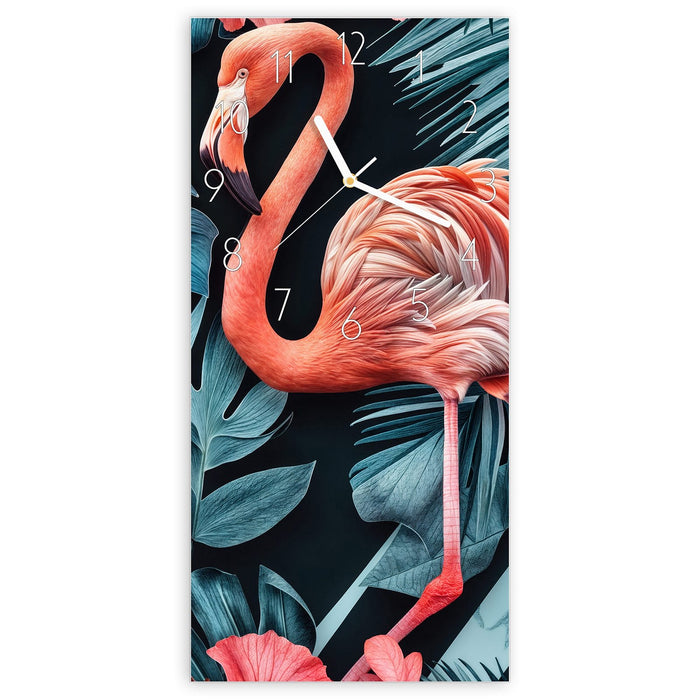 Wanduhr Flamingos und Blumen aus Glas – Hochformat 30 × 60 cm mit Ziffernblatt Elegant