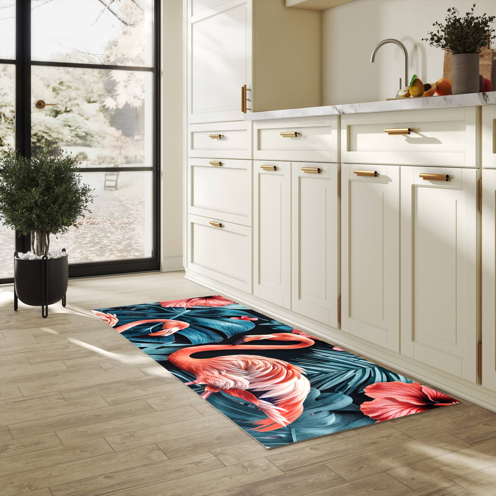 Hygienischer Teppich fürs Esszimmer mit Motiv Flamingos und Blumen in heller Küche