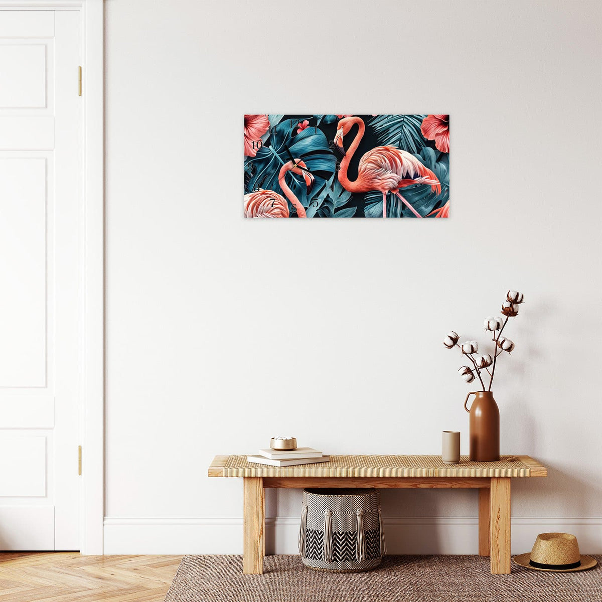 Moderne Wanduhr aus Glas mit Farbtiefe – Wanduhr Flamingos und Blumen aus Glas – Querformat 60 × 30 cm