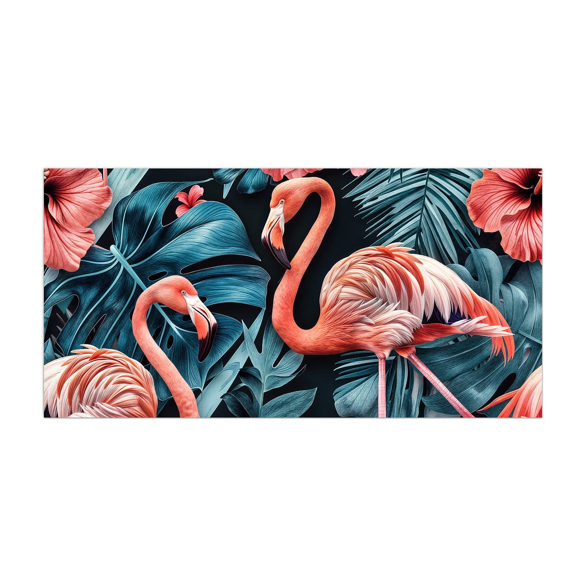 Küchenrückwand aus Glas Flamingo und Hibiskus im Hochformat, Motiv bildfüllend von vorn