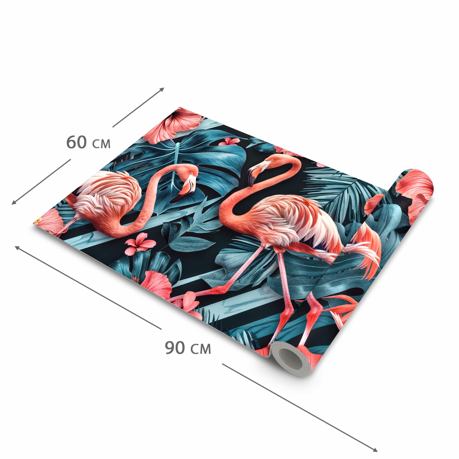 Rutschfester dünner Teppich mit Motiv Flamingos und Blumen in der Grösse 60x240 cm