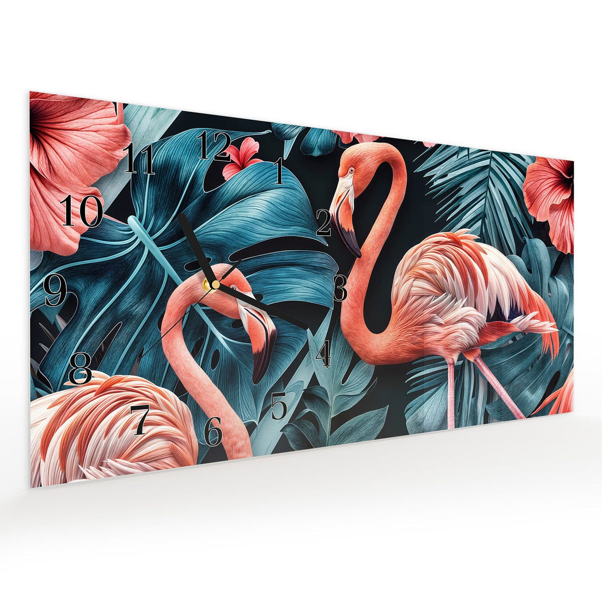 Vormontiert – mit Schwebeeffekt – Wanduhr Flamingos und Blumen aus Glas – Querformat 60 × 30 cm