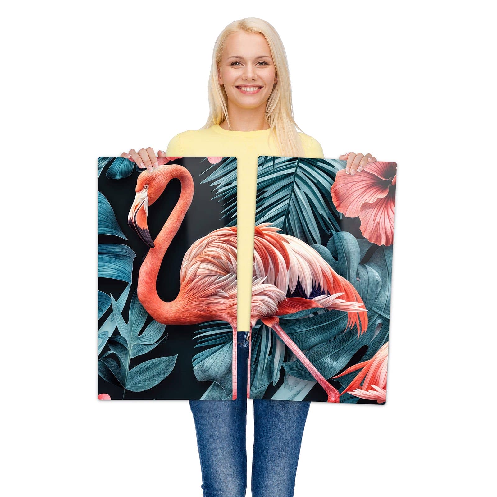 2-teilige Herdabdeckplatte aus Glas mit Flamingos und Blumen-Motiv wird zur Größendarstellung gehalten