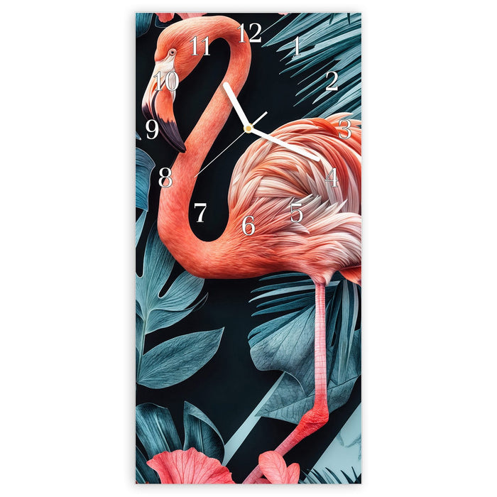 Wanduhr Flamingos und Blumen aus Glas – Hochformat 30 × 60 cm mit Ziffernblatt Klassisch
