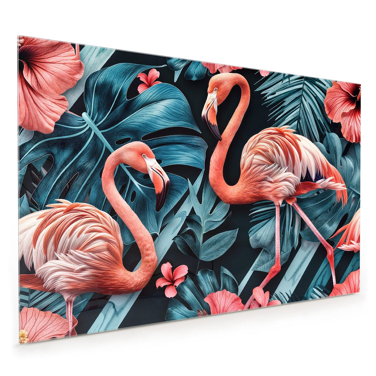 Küchenrückwand aus Glas im Hochformat: Ein einzelner Flamingo zwischen blaugrünen Monstera- und Palmblättern mit roten Hibiskusblüten