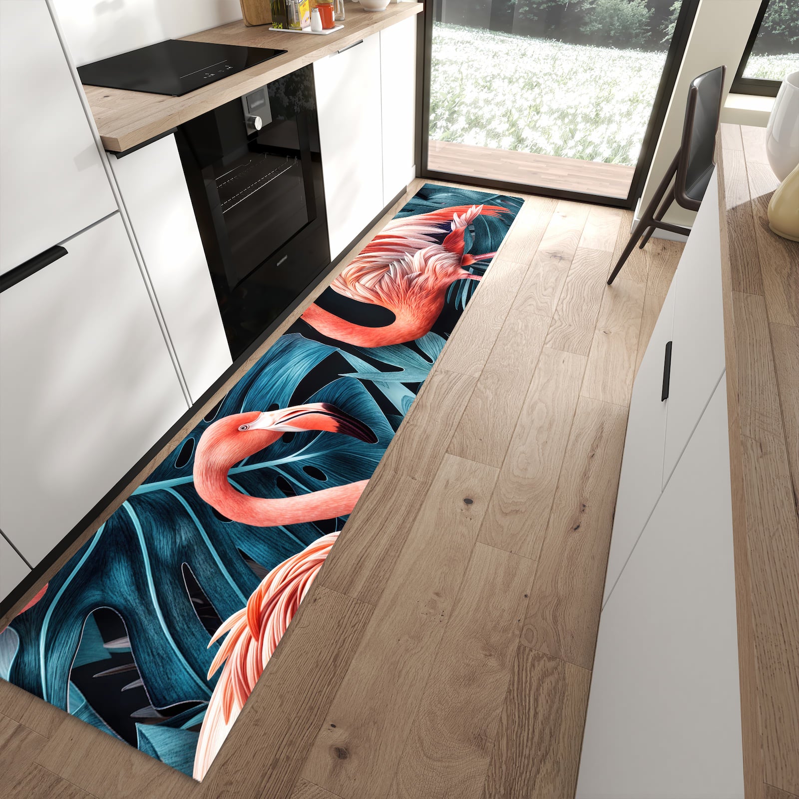 Waschbarer Küchenläufer mit Motiv Flamingos und Blumen in moderner Küche