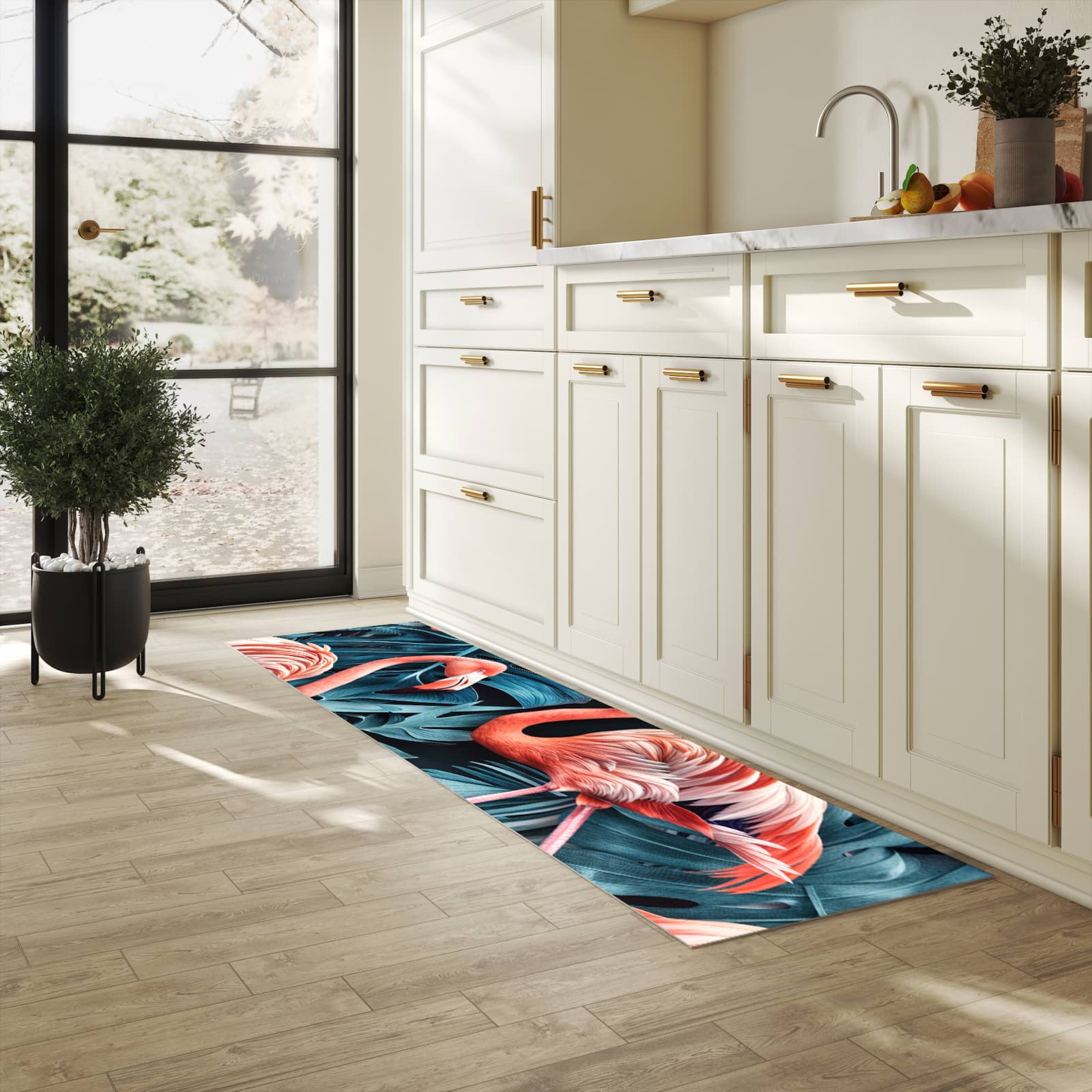 Komfortabler Läufer mit Motiv Flamingos und Blumen in heller Küche für rutschfesten Stand