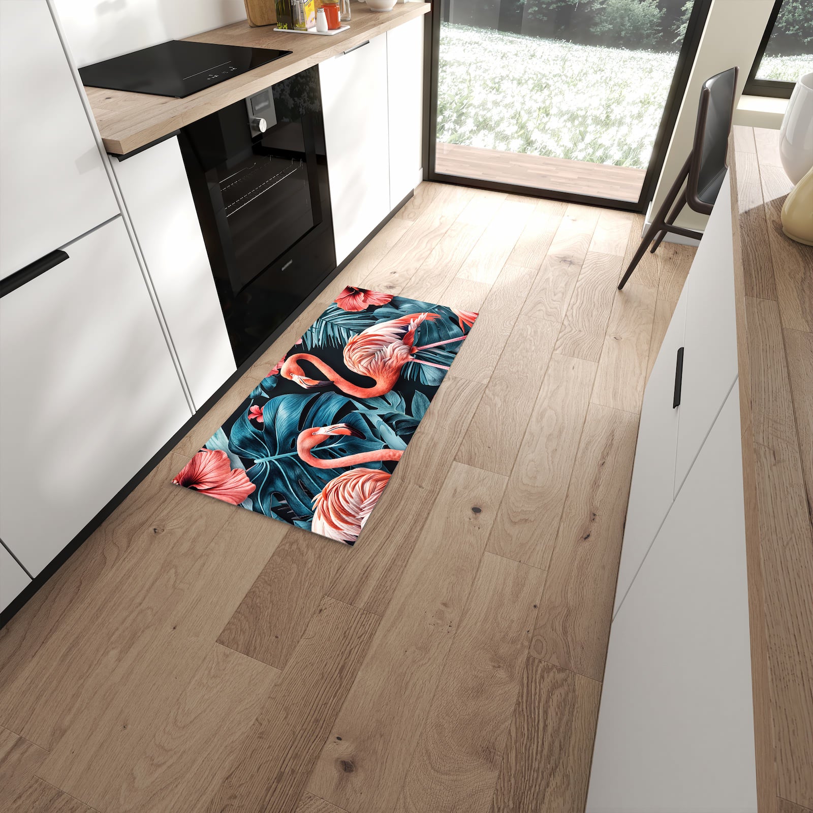 Rutschfester waschbarer Küchenteppich mit Motiv Flamingos und Blumen in moderner Küche #grösse_60 x 120 cm