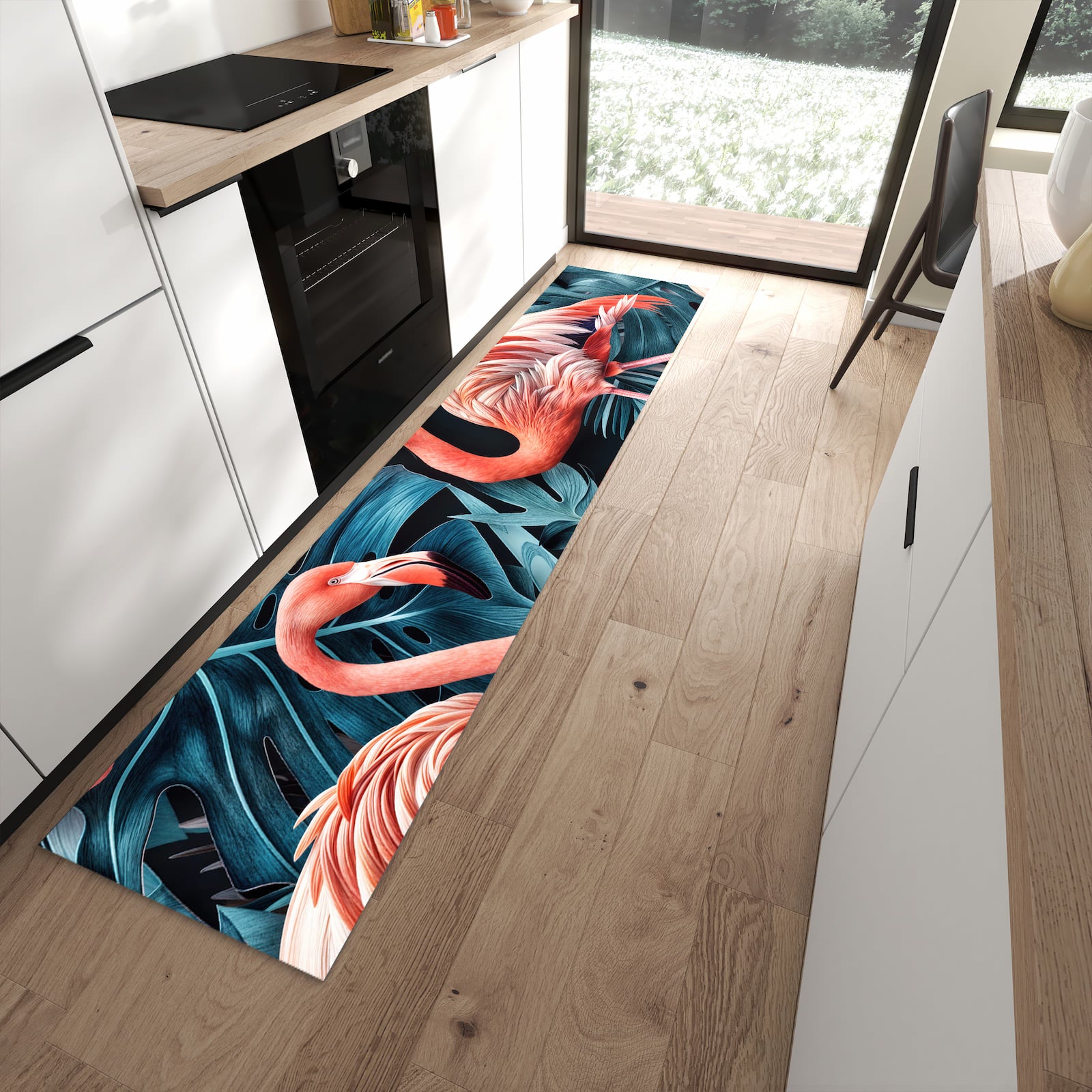 Strapazierfähiger Küchenläufer mit Motiv Flamingos und Blumen in moderner Küche